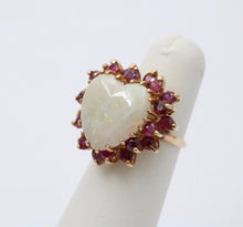 Load image into Gallery viewer, Vintage 14K Gold Heart Opal &amp; Ruby Halo Ring.
