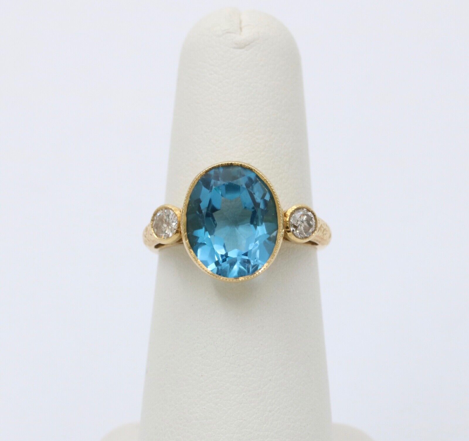 Vintage 14K Yellow Gold London Blue Topaz and Diamond Statement Ring