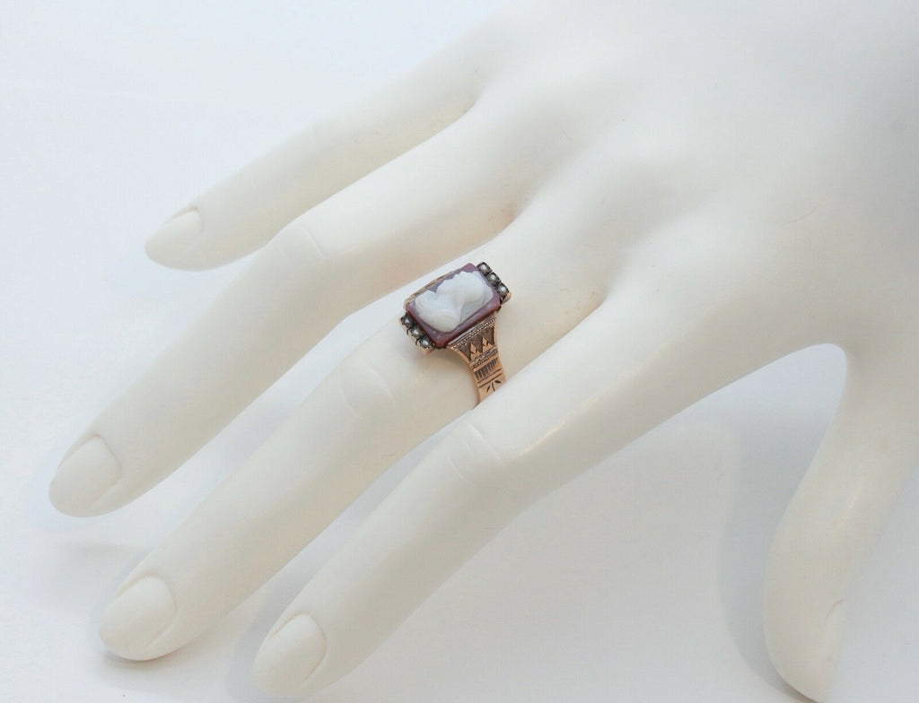 Victorian Ladies Carved Agate Cameo Seed Pearls 14K Rose Gold Ring