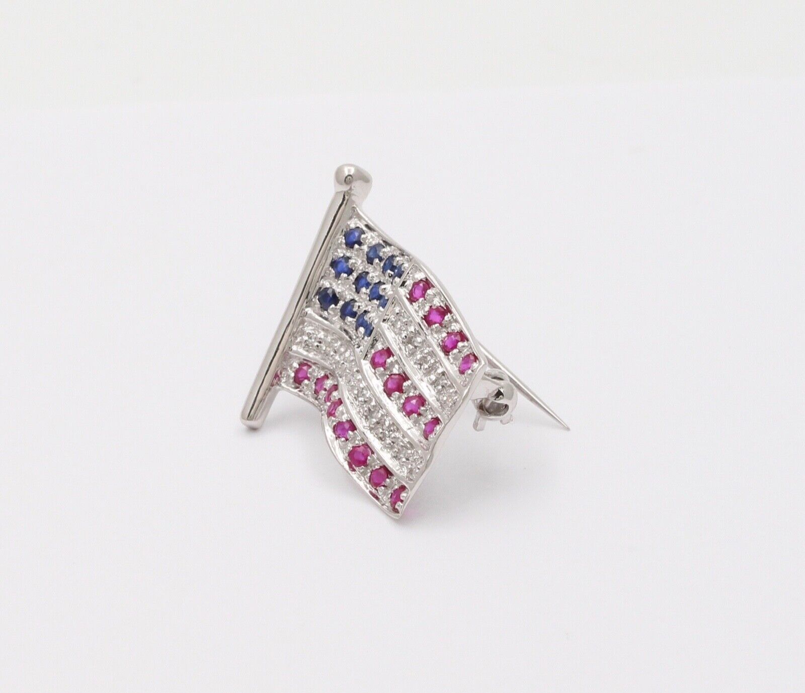Classic 14K White Gold And Diamond American Flag, 4th of July Brooch, Pin.