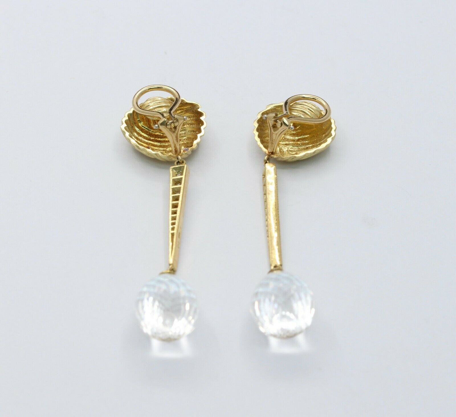 Vintage 18K Yellow Gold Diamond Rock Crystal Tear Drop Clip Earrings