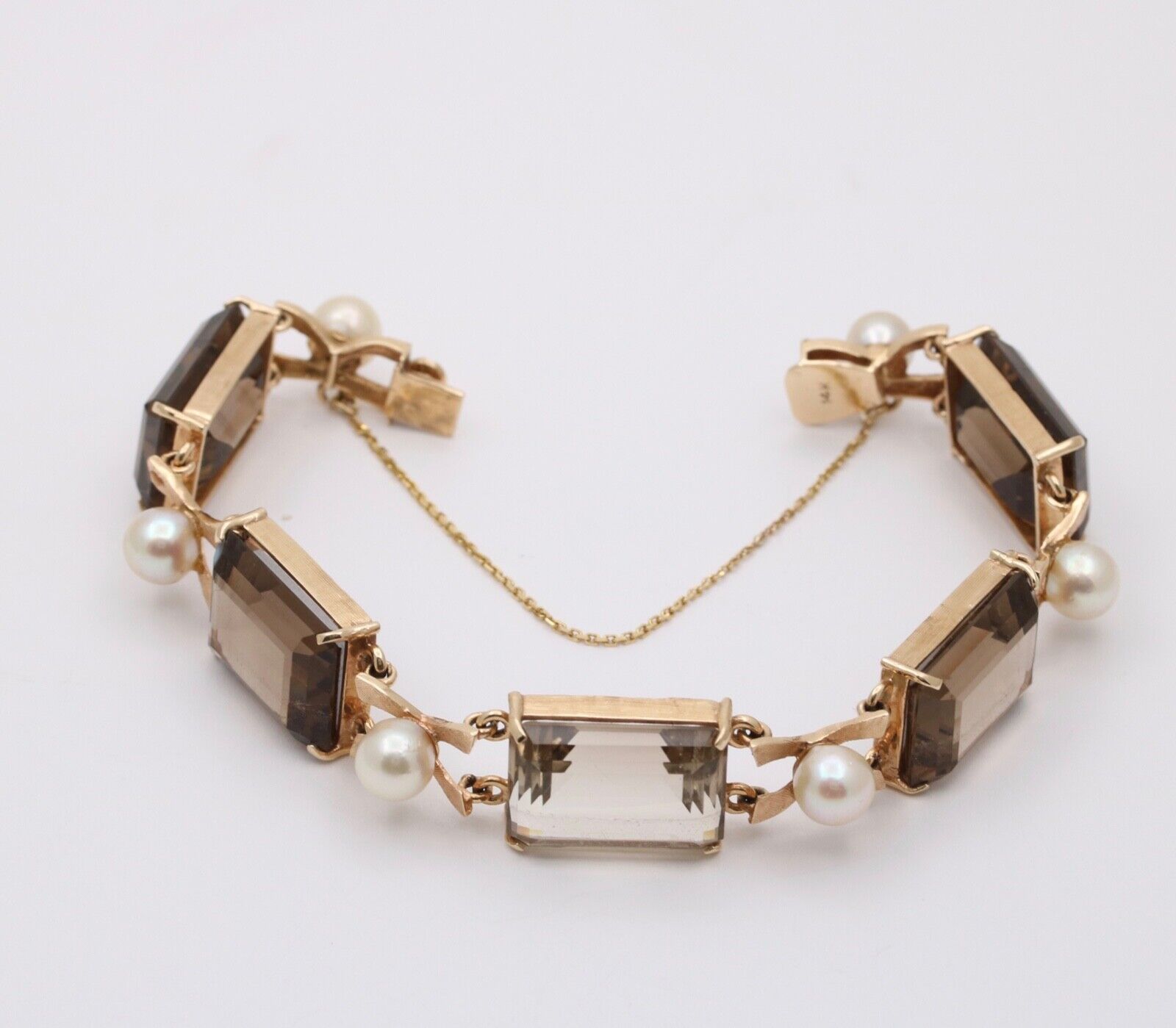 Vintage 14K Yellow Gold Smoky Topaz & Pearl Bracelet
