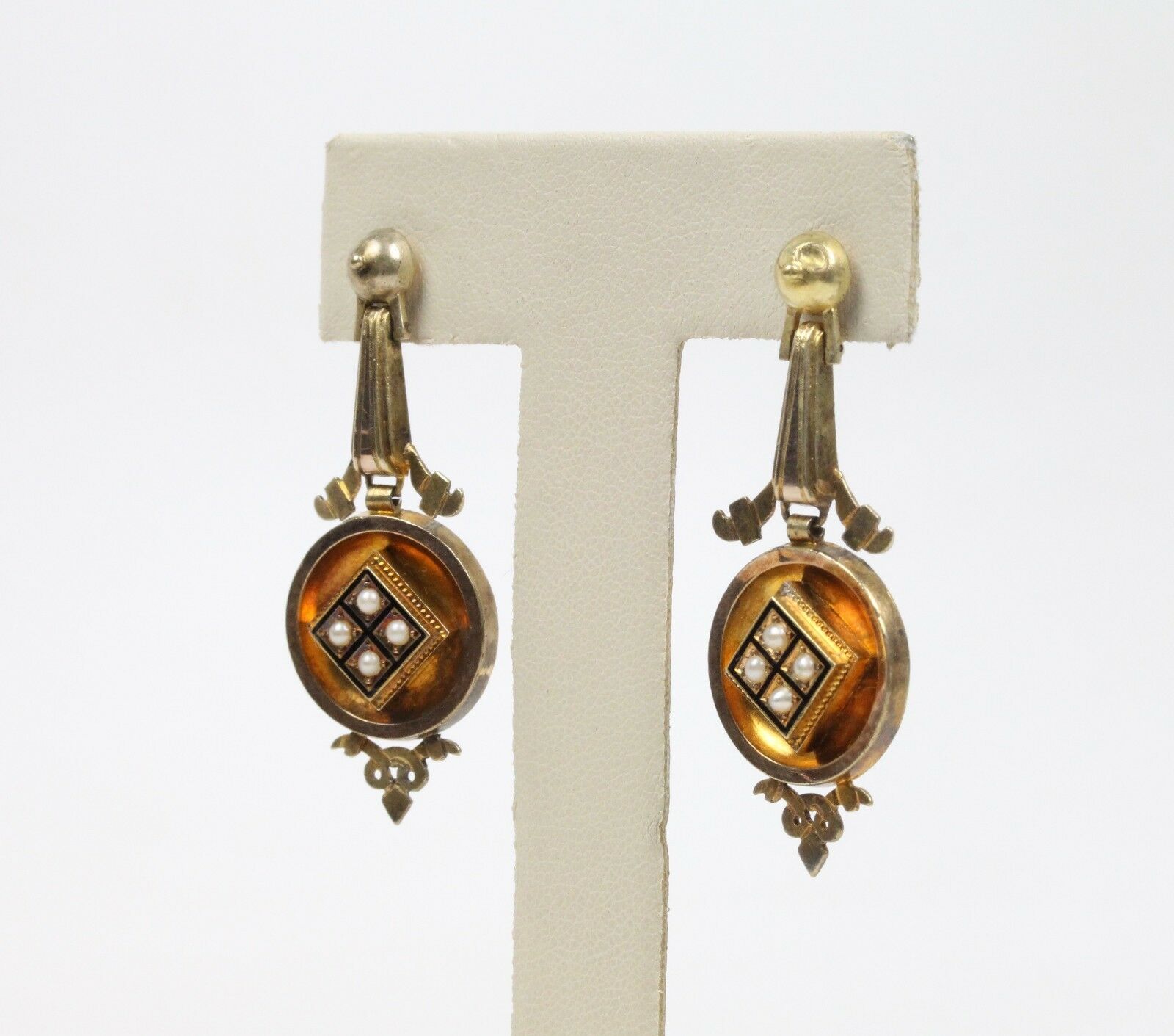 Victorian 18K Yellow Gold Seed Pearls Hanging Earrings
