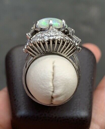 Vintage 1960's Australian Opal and Diamond 14K White Gold Statement Ring