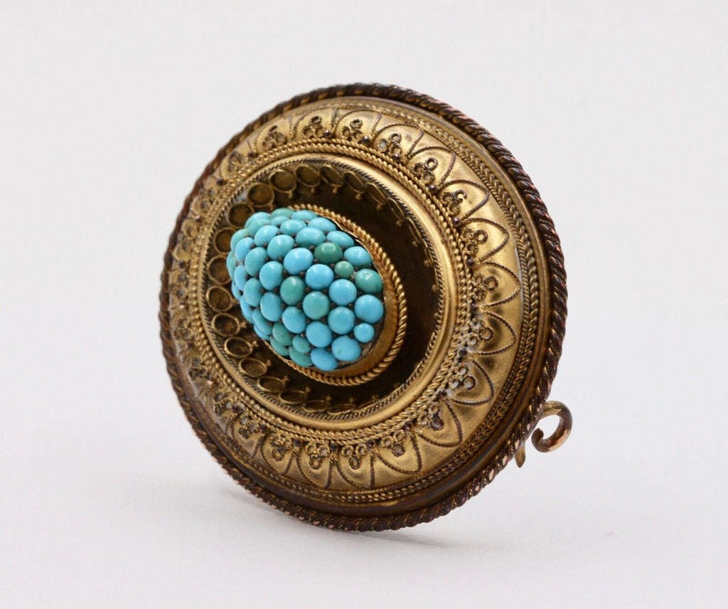 Victorian Etruscan Revival Turquoise 10K Yellow Gold Brooch Pendant Momento