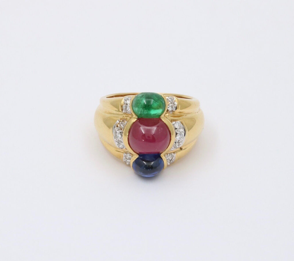 Funky Vintage 18K Yellow Gold Cabochon Ruby, Sapphire & Emerald Ring, Estate Rin