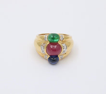 Load image into Gallery viewer, Funky Vintage 18K Yellow Gold Cabochon Ruby, Sapphire &amp; Emerald Ring, Estate Rin
