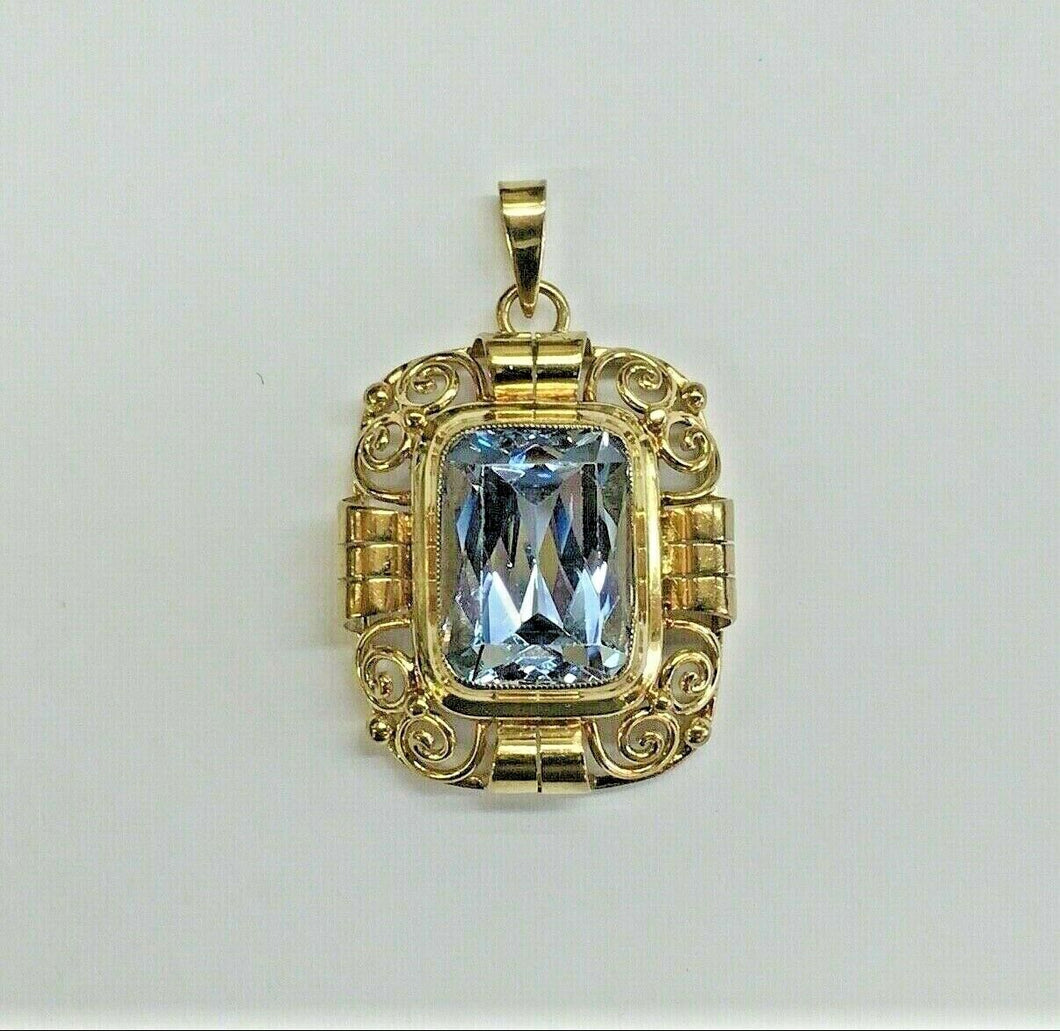 Mid Century Synthetic Aquamarine 9K Yellow Gold Pendant