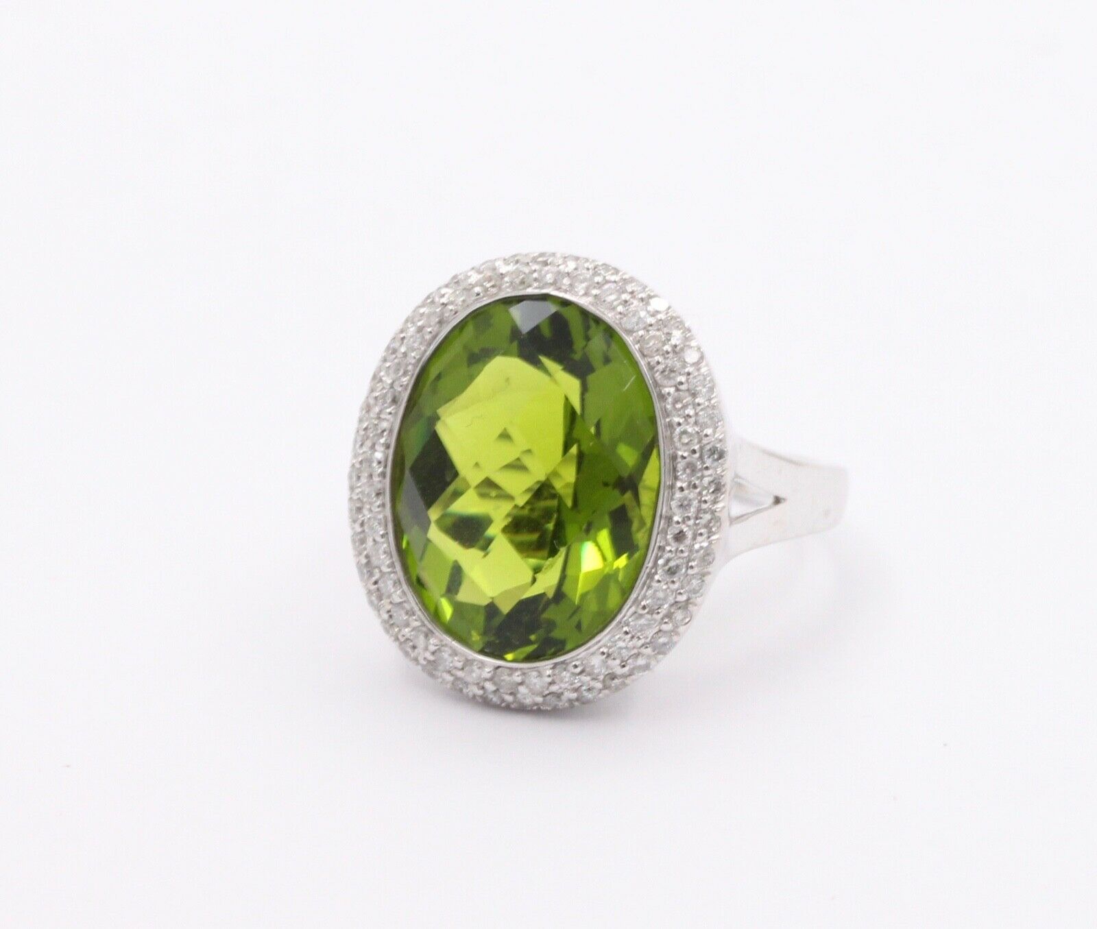Vintage Peridot Diamonds 14K White Gold Cocktail Ring