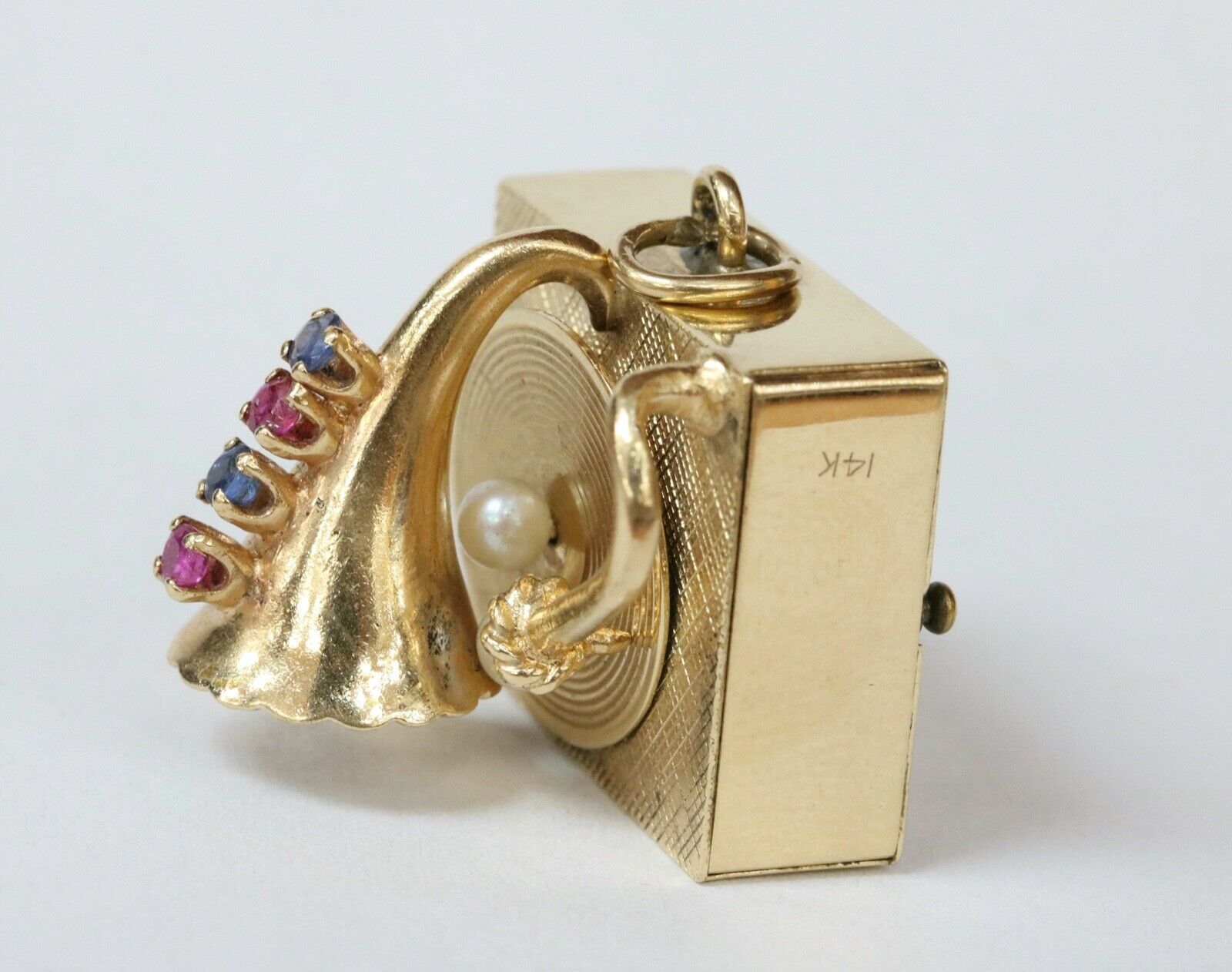 Rare Vintage Phonograph 14K Yellow Gold RubIes Sapphires Pearls Pendant Charm