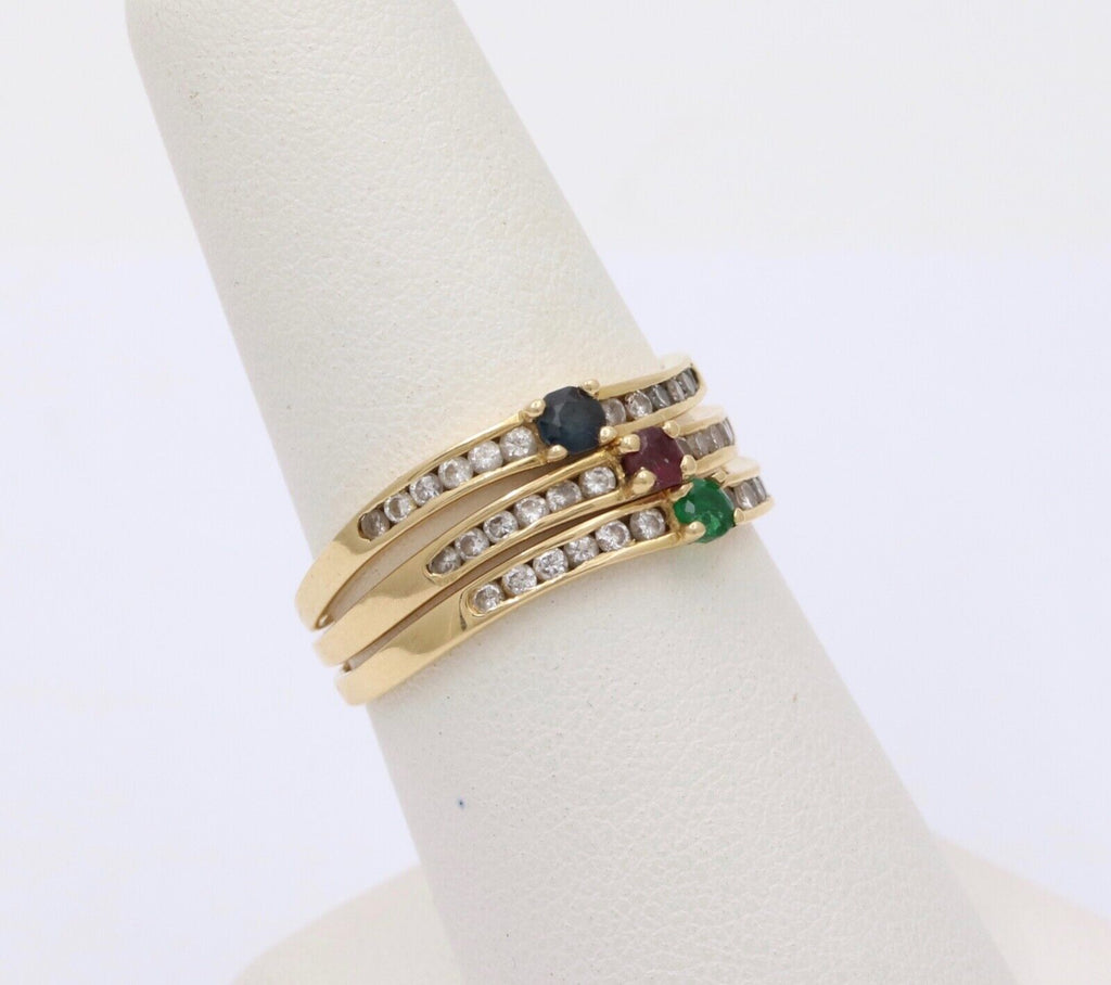 Vintage Trio Stacking Solitaire Emerald Sapphire Ruby 18K Yellow Gold Rings