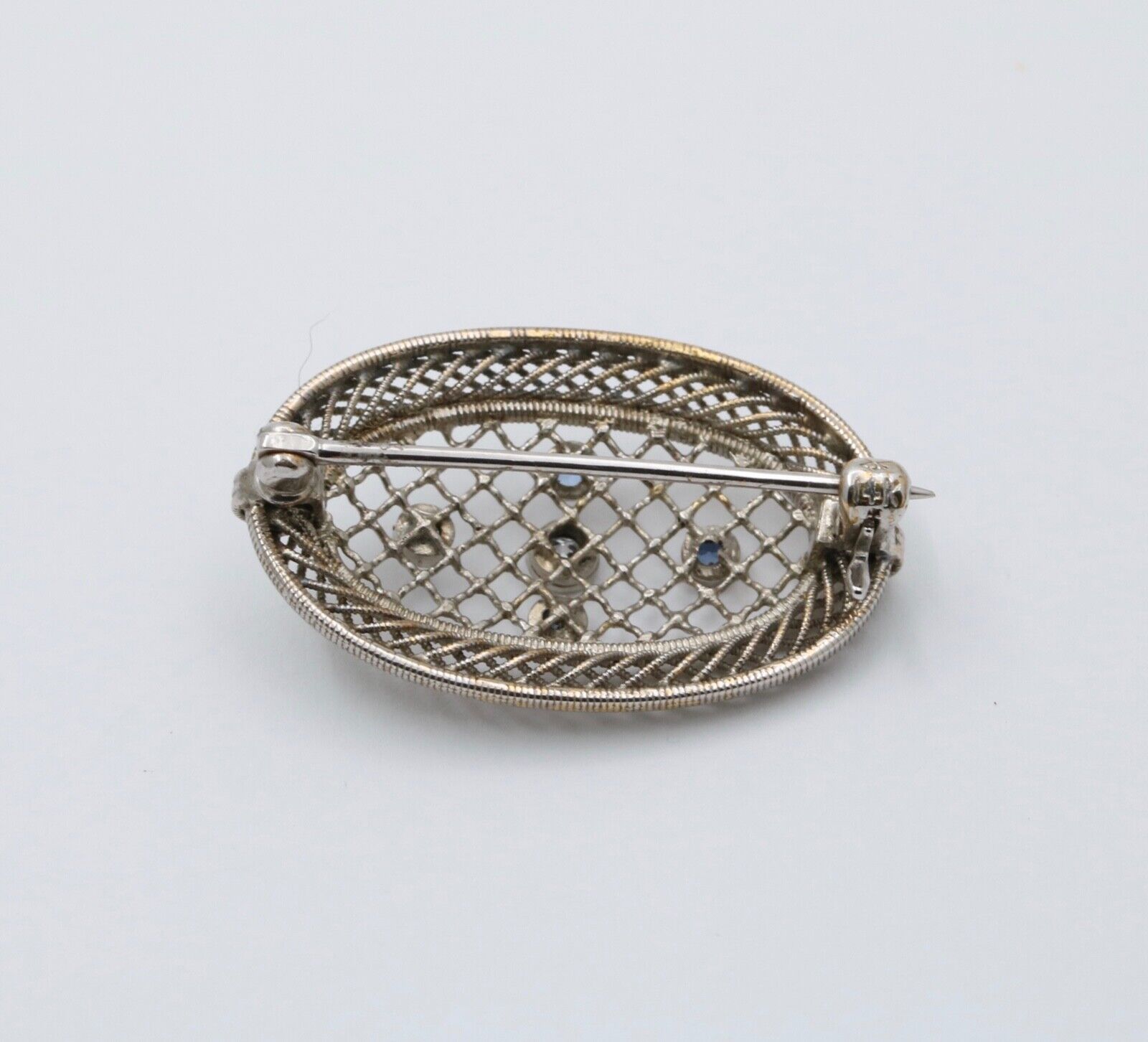 Antique Art Deco Filigree Diamond & Sapphire Brooch, Pin