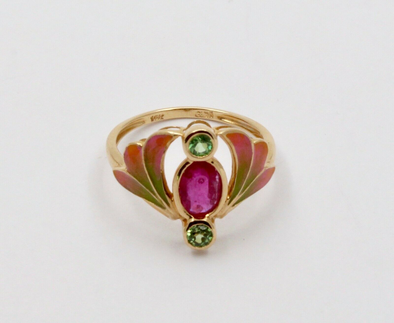 Vintage Art Nouveau Style Burma Ruby Enamel 14K Gold Ring, Statement Ring