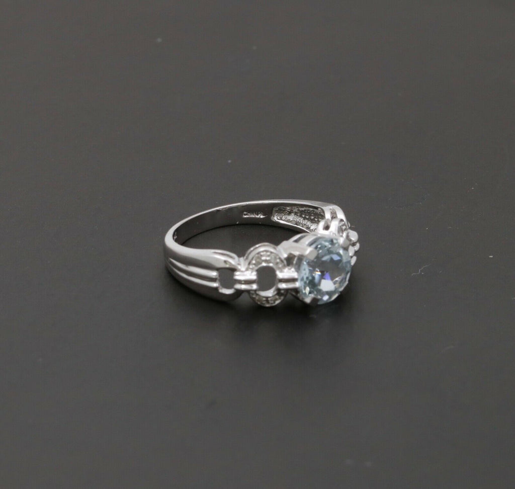 Vintage 14K White Gold Aquamarine Diamond Ring Band, Engagement Ring.