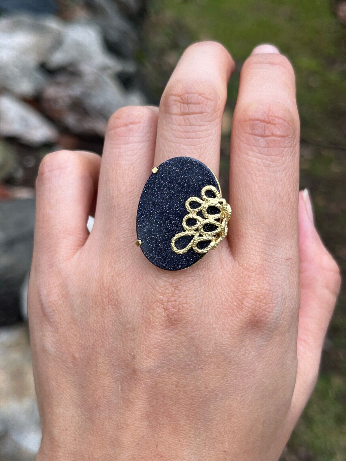 Vintage 18K Yellow Gold Blue Goldstone Statement Ring