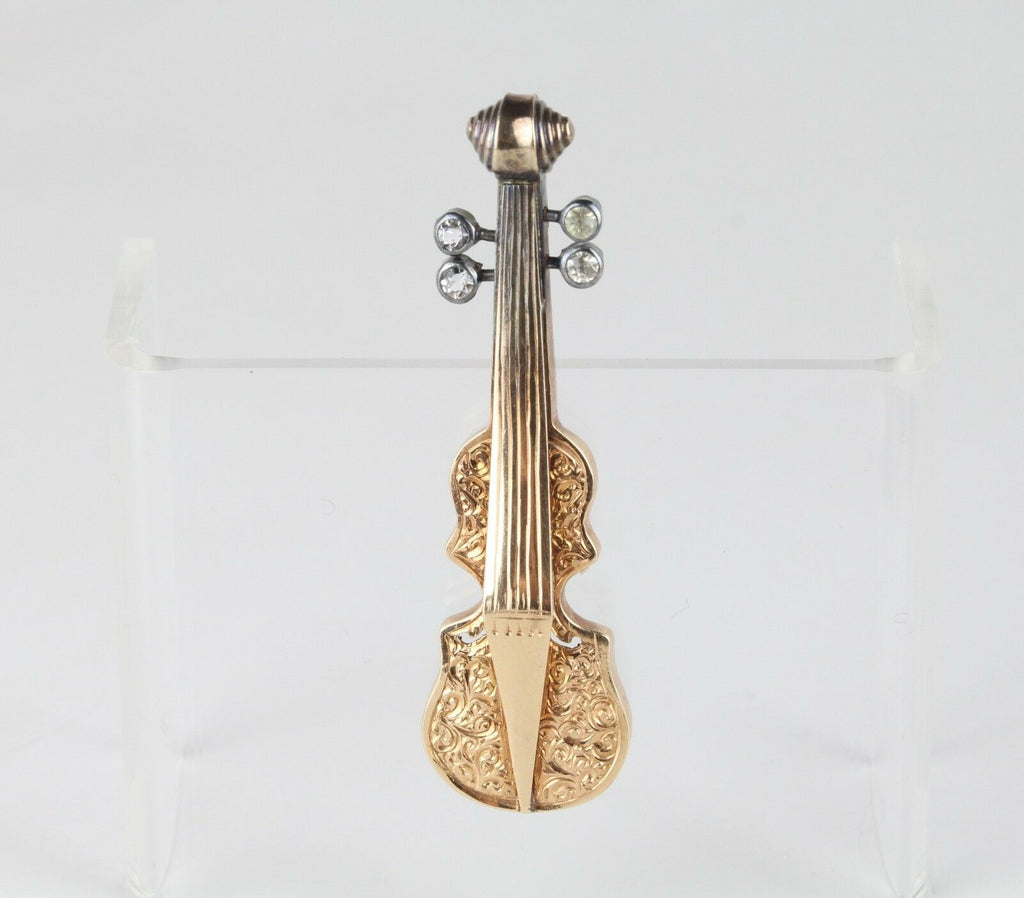 Vintage Violin Brooch Pin 14K Yellow Gold