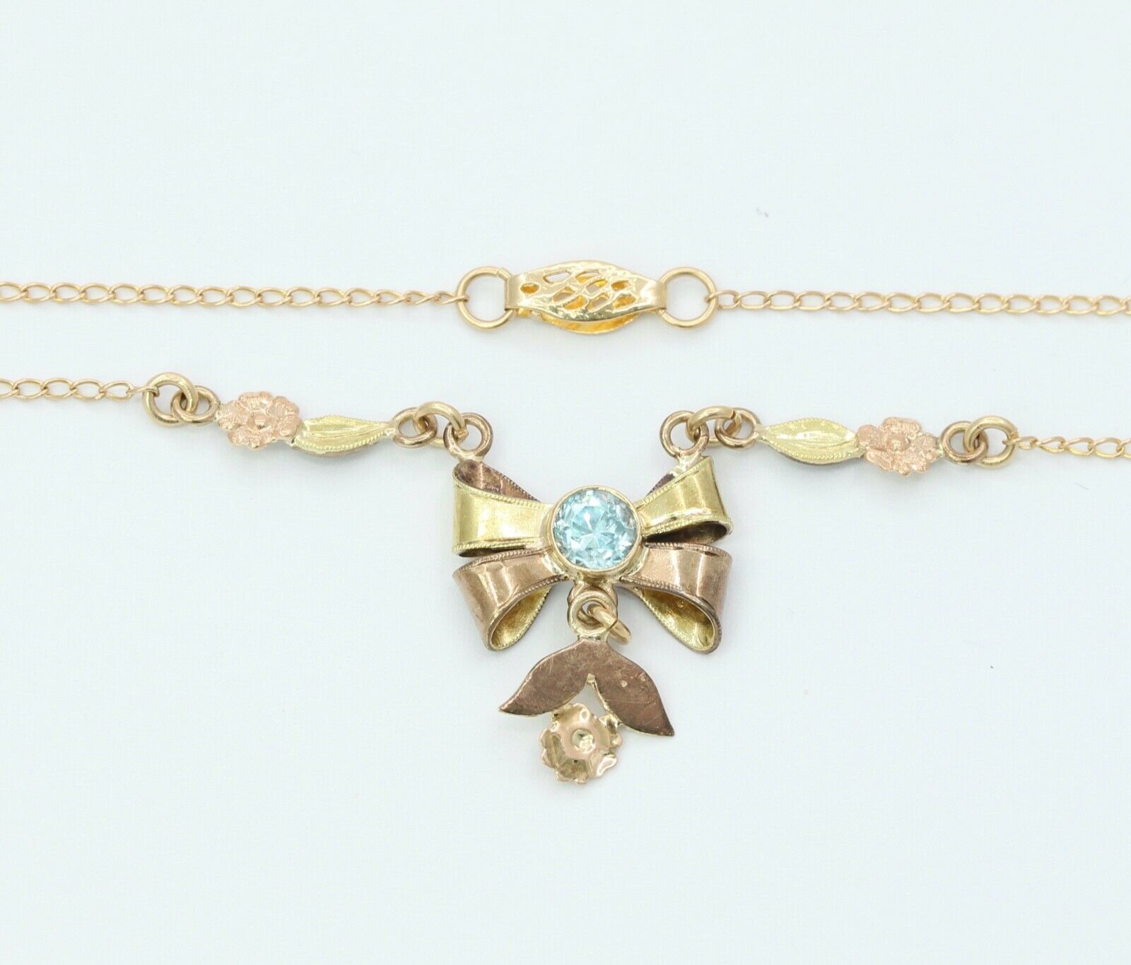 Retro Blue Zircon 10K Rose Yellow Gold Flowers Pendant Chain