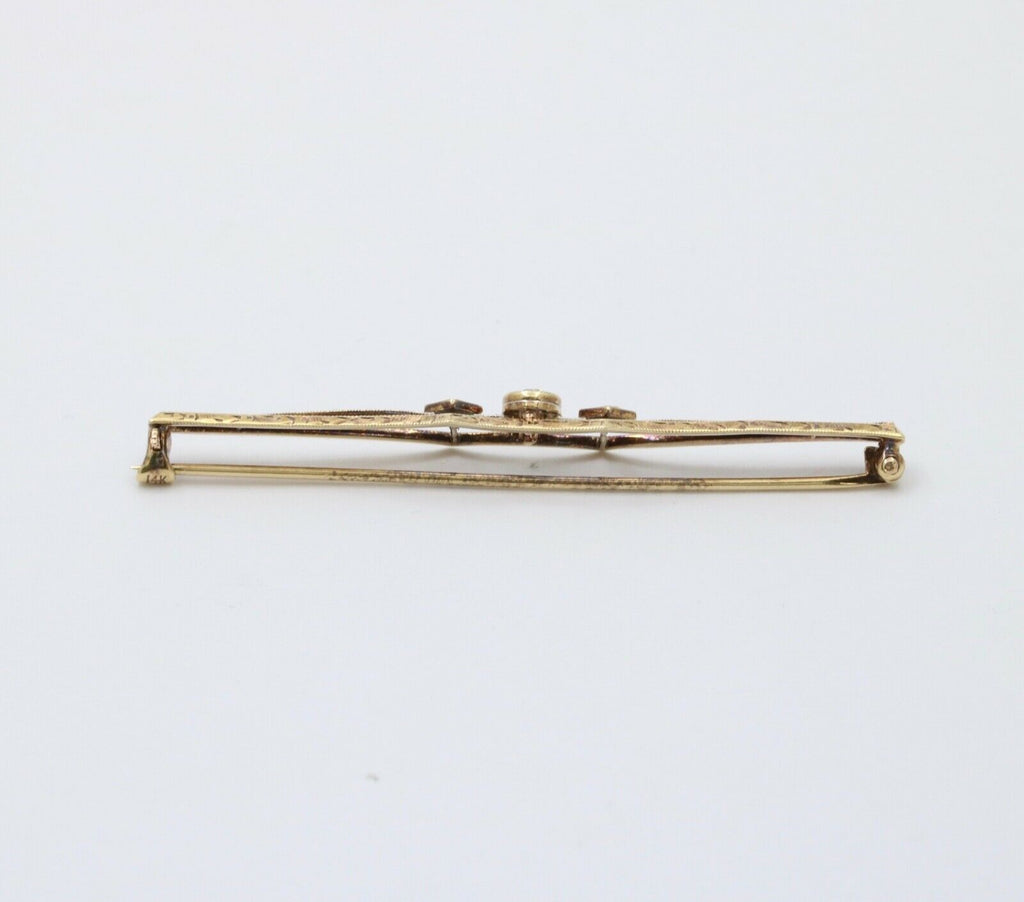 Antique Art Deco 14K Two Tone Gold Old Mine Cut Diamond Bar Pin.