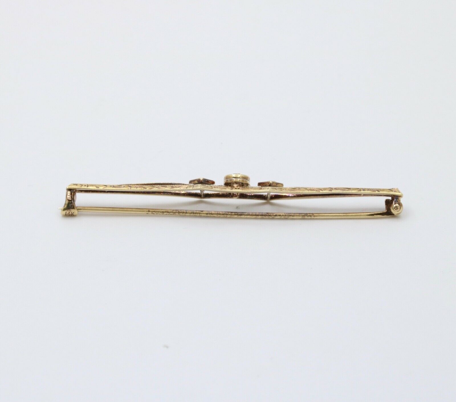 Antique Art Deco 14K Two Tone Gold Old Mine Cut Diamond Bar Pin.