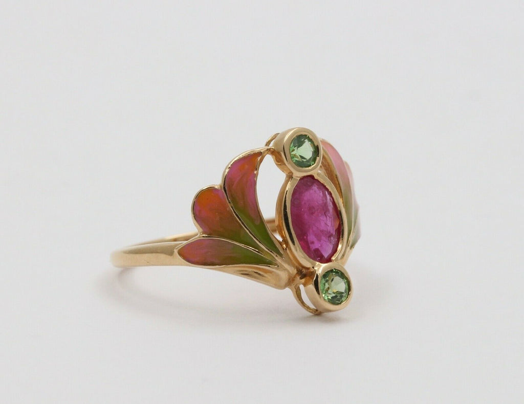 Vintage Art Nouveau Style Burma Ruby Enamel 14K Gold Ring, Statement Ring