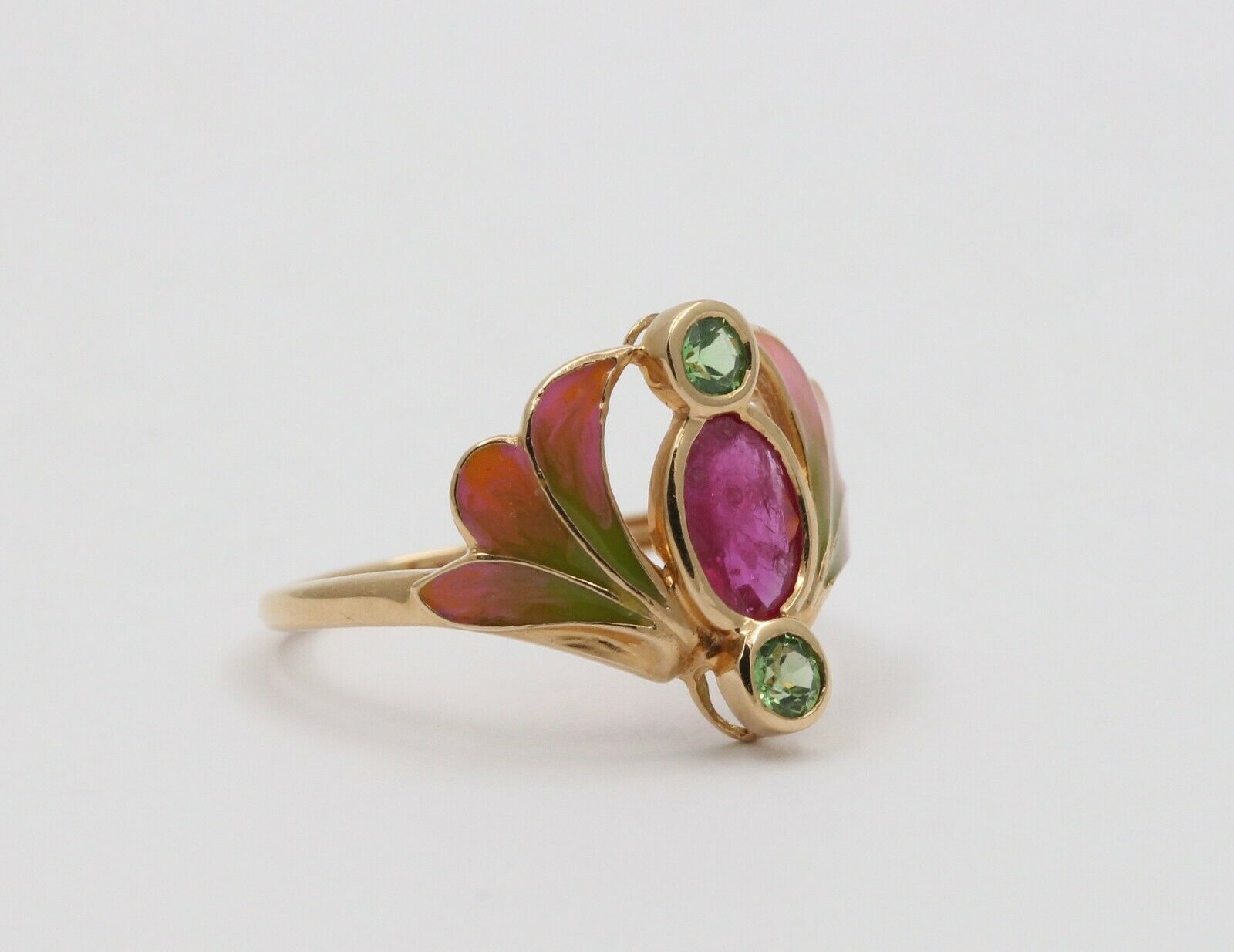 Vintage Art Nouveau Style Burma Ruby Enamel 14K Gold Ring, Statement Ring