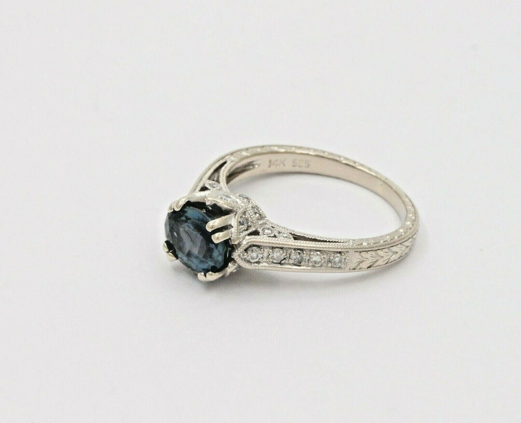 Vintage Art Deco Inspired 14K White Gold Sapphire Diamond Alternative Engagement Ri