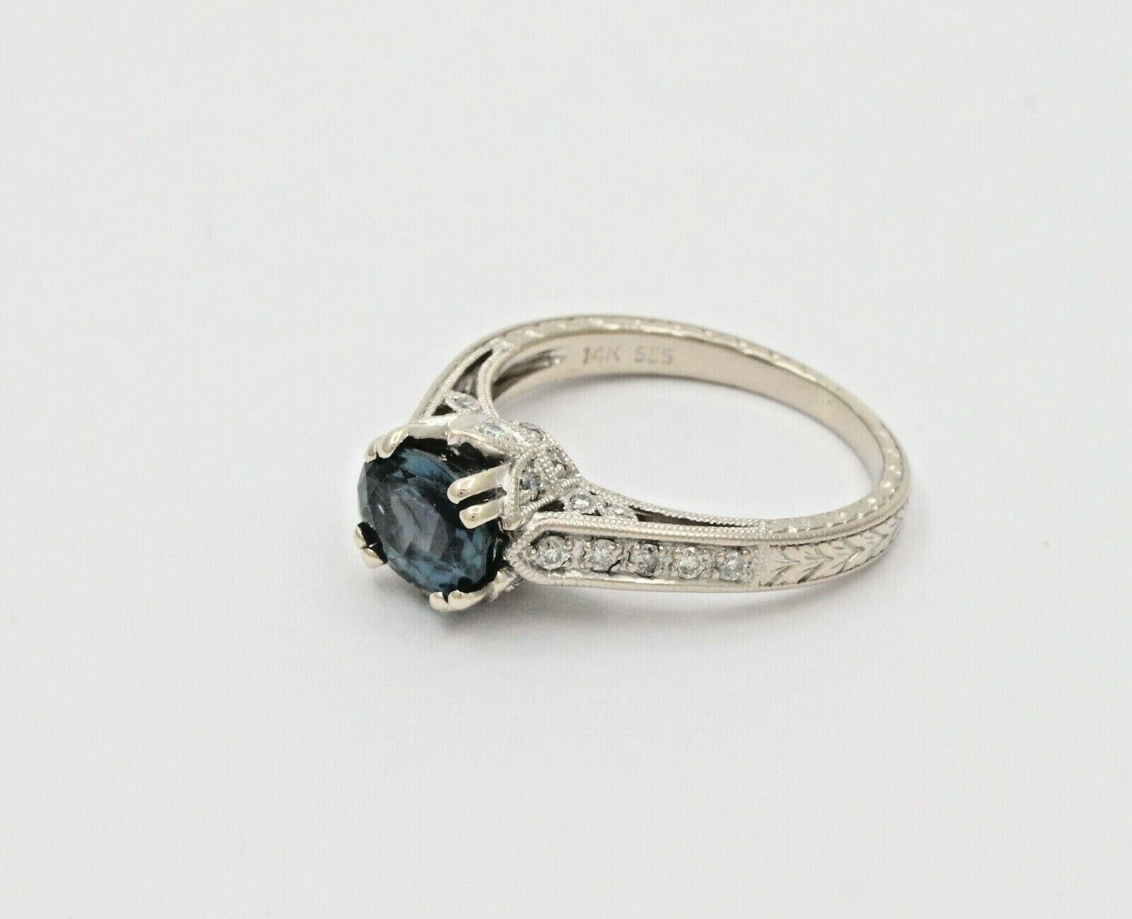 Vintage Art Deco Inspired 14K White Gold Sapphire Diamond Alternative Engagement Ri