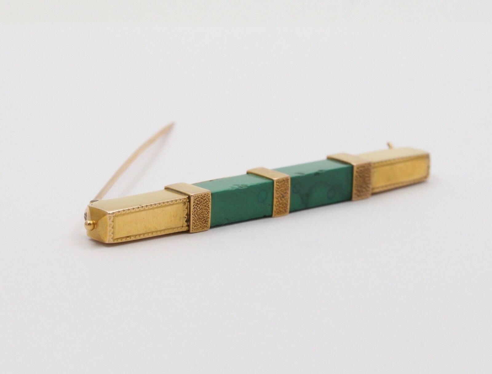 Art Deco Geometric Bar Brooch Malachite 14K Yellow Gold