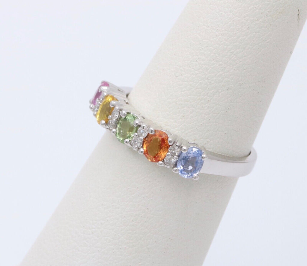 Fun 14K White Gold Multi Color Sapphire And Diamond Ring Band