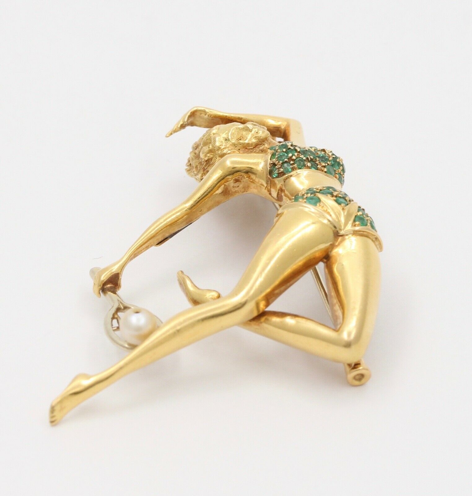 Italian Tennis Player Emeralds Pearl 18K Yellow Gold Brooch