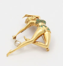 Load image into Gallery viewer, Italian Female Action Tennis Player Emeralds Pearl 18K Yellow Gold Brooch
