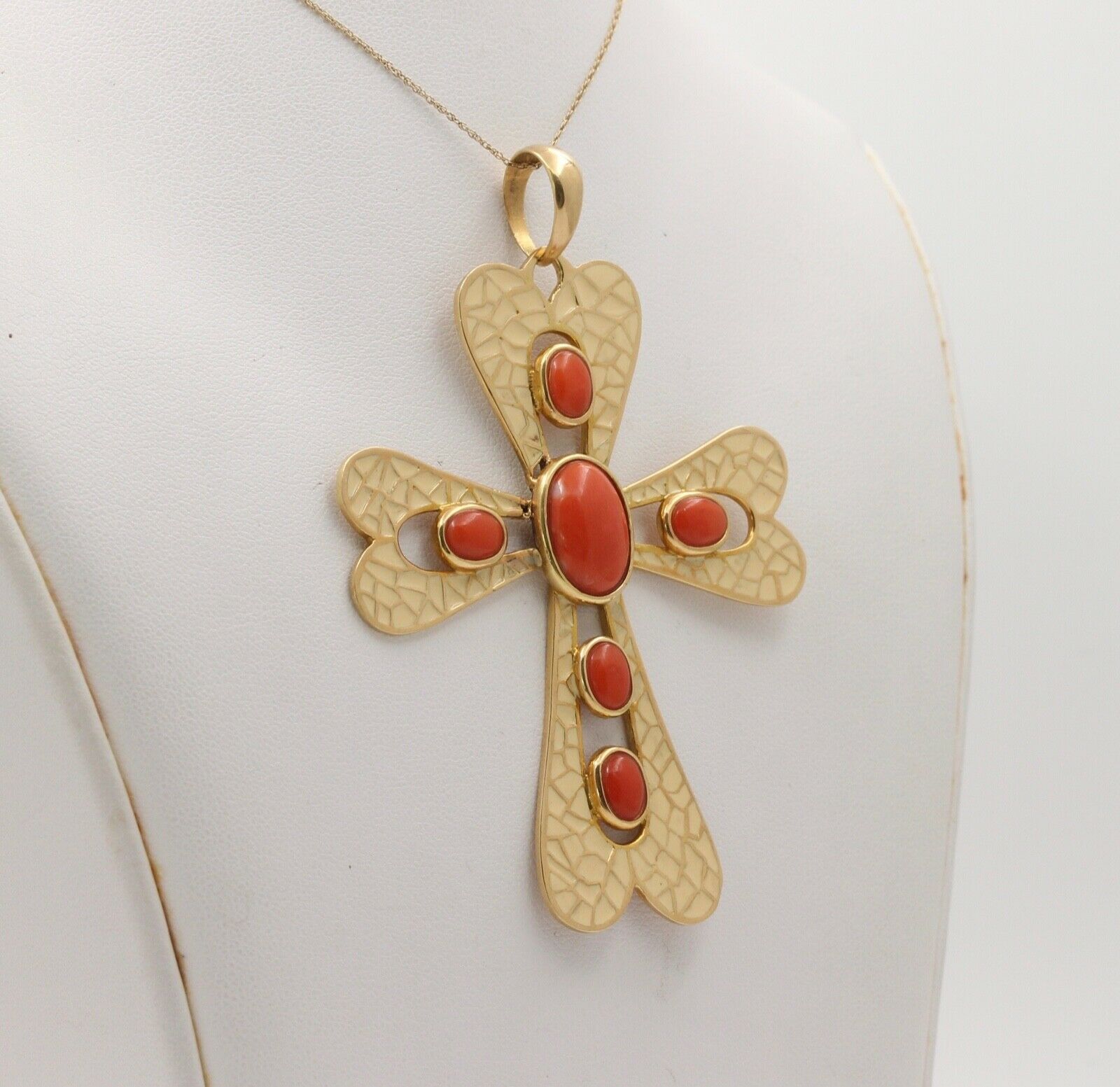 Vintage Italian Large 18K Yellow Gold Coral White Enamel Cross Pendant, Necklace