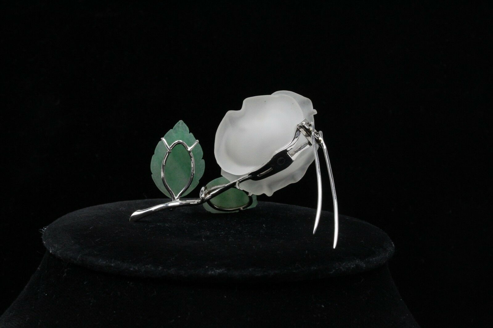 Vintage 14K White Gold Diamond & Jade Carved Rock Crystal Rose Brooch