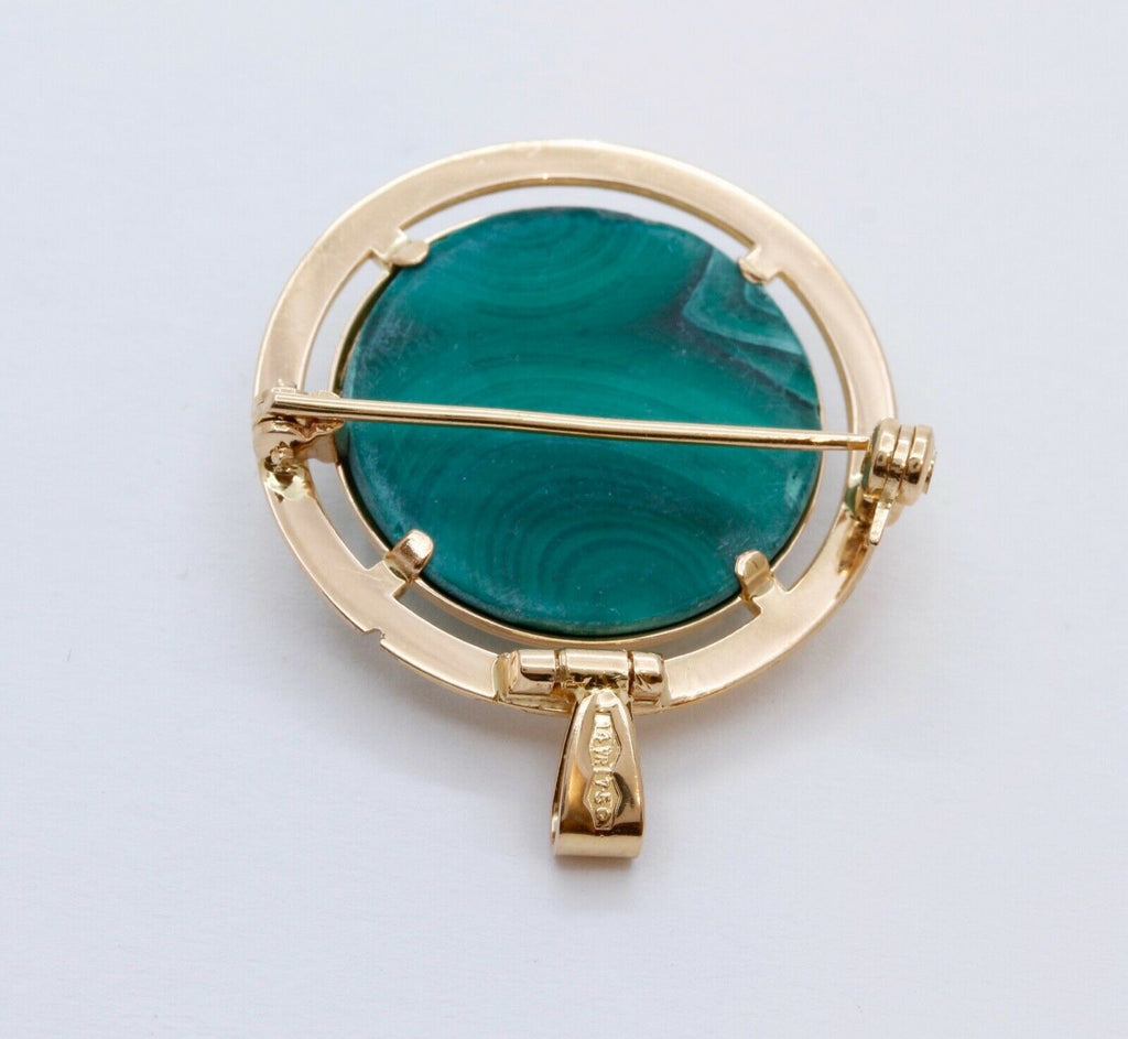18K Yellow Gold Italian Malachite Pendant Brooch