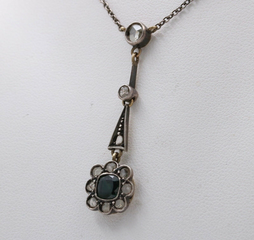 Edwardian 14K Gold & Silver Sapphire, Rose Cut Diamond Floral Lavalier Necklace