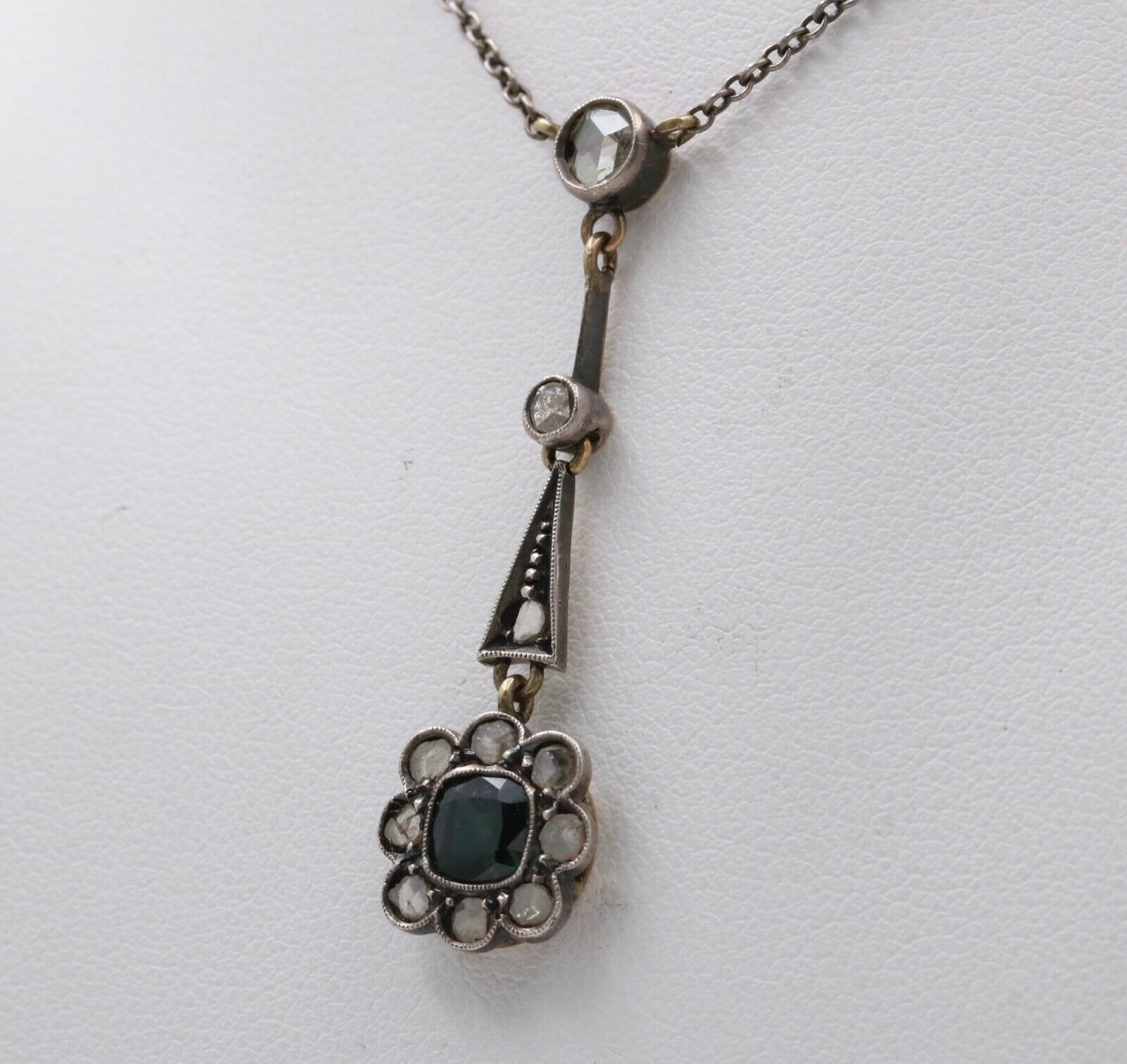 Edwardian 14K Gold & Silver Sapphire, Rose Cut Diamond Floral Lavalier Necklace