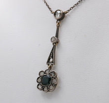 Load image into Gallery viewer, Edwardian 14K Gold &amp; Silver Sapphire, Rose Cut Diamond Floral Lavalier Necklace
