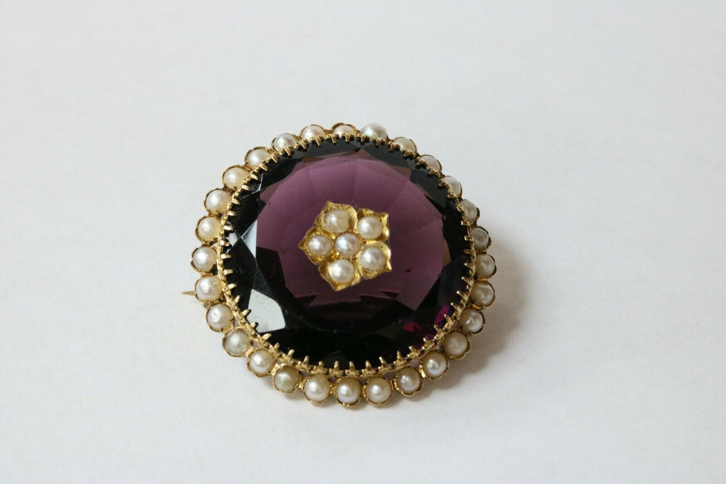 Victorian 18K Yellow Gold Amethyst Seed Pearls Brooch Earrings Set
