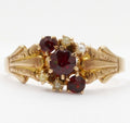 Art Nouveau White, Wile & Warner Garnets Seed Pearls 14K Yellow Gold Ring