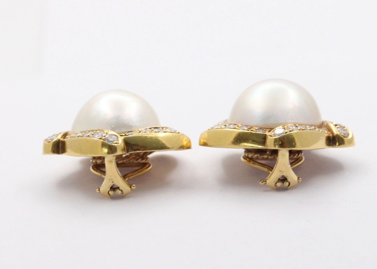 Large Mabe Pearl Diamonds Pinwheel French Clip Earrings
