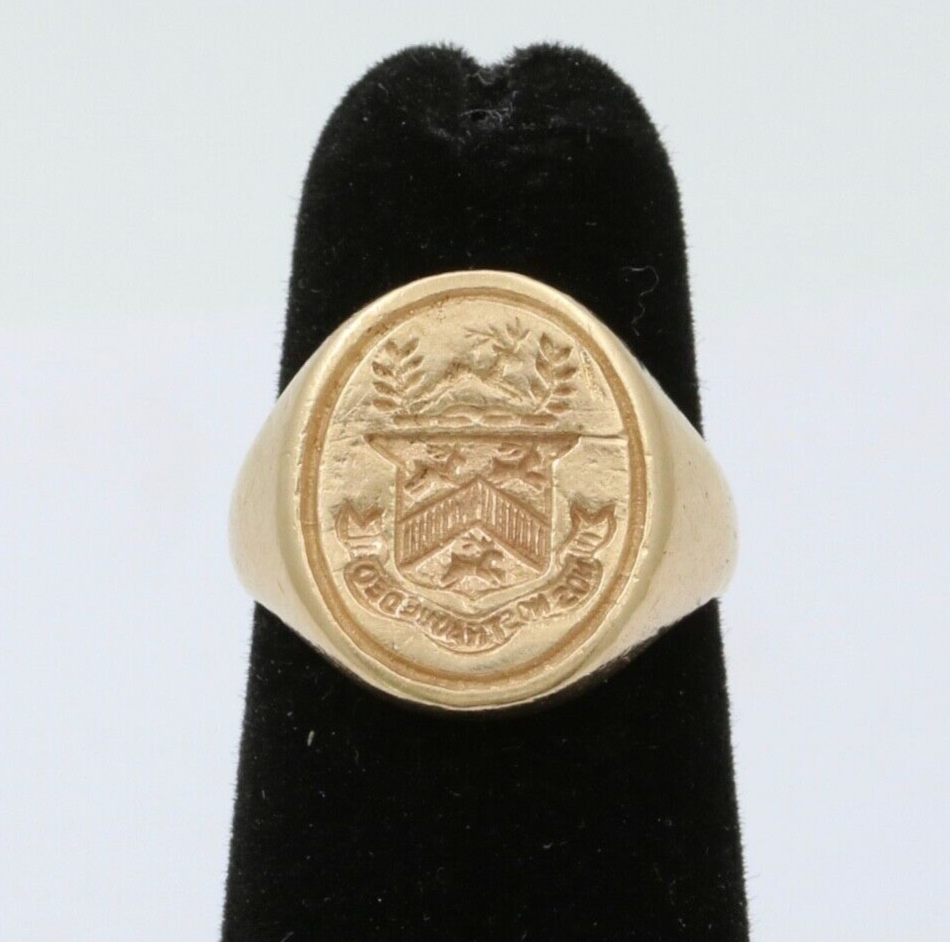 Vintage 14K Yellow Gold 1869 Stag Deer Intaglio Signet Estate Ring