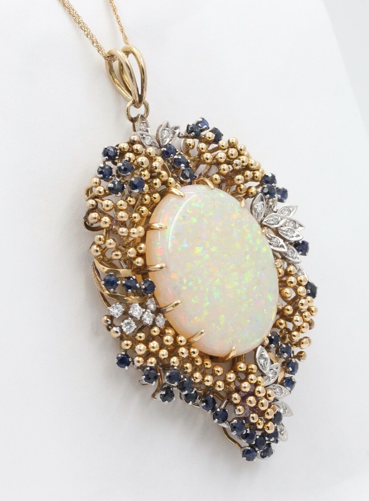 Vintage 14K Yellow Gold Giant Opal Diamond Sapphire Grape Pendent