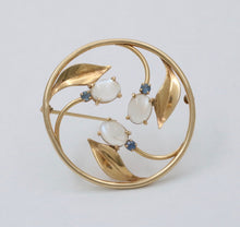 Load image into Gallery viewer, Vintage Moonstones Sapphires 14K YG Flower Brooch
