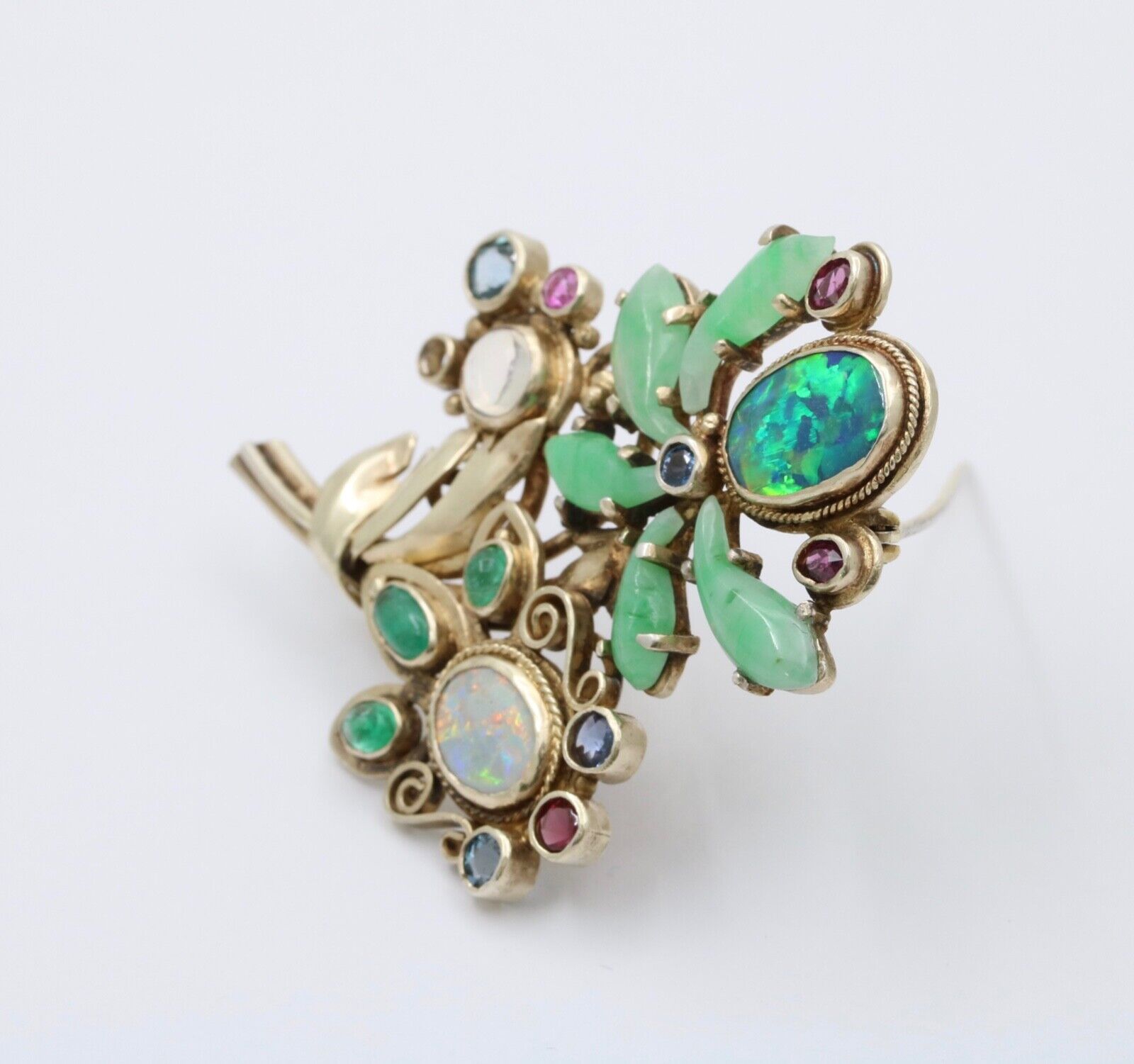 Antique Silver Art & Craft Opal & Jade Flower Brooch.