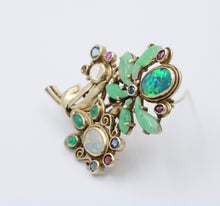 Load image into Gallery viewer, Antique Silver Art &amp; Craft Opal &amp; Jade Flower Brooch.
