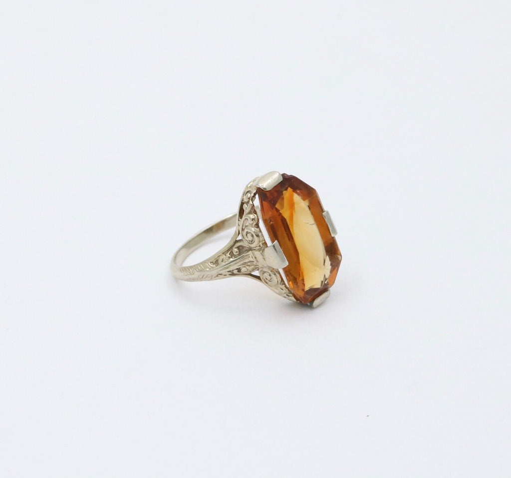 Antique Art Deco Citrine 14K White Gold Filigree Ring, Statement Ring