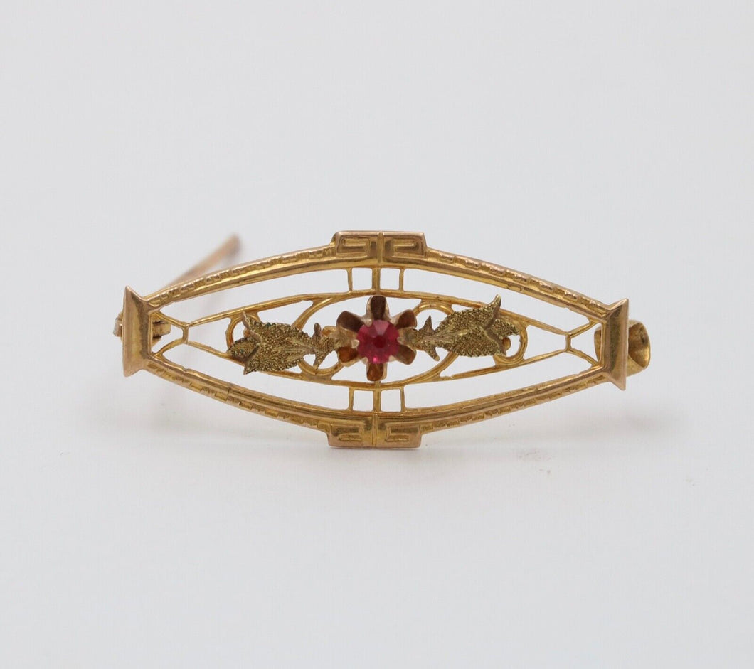 Art Nouveau Ruby 10K Yellow Gold Brooch Pin