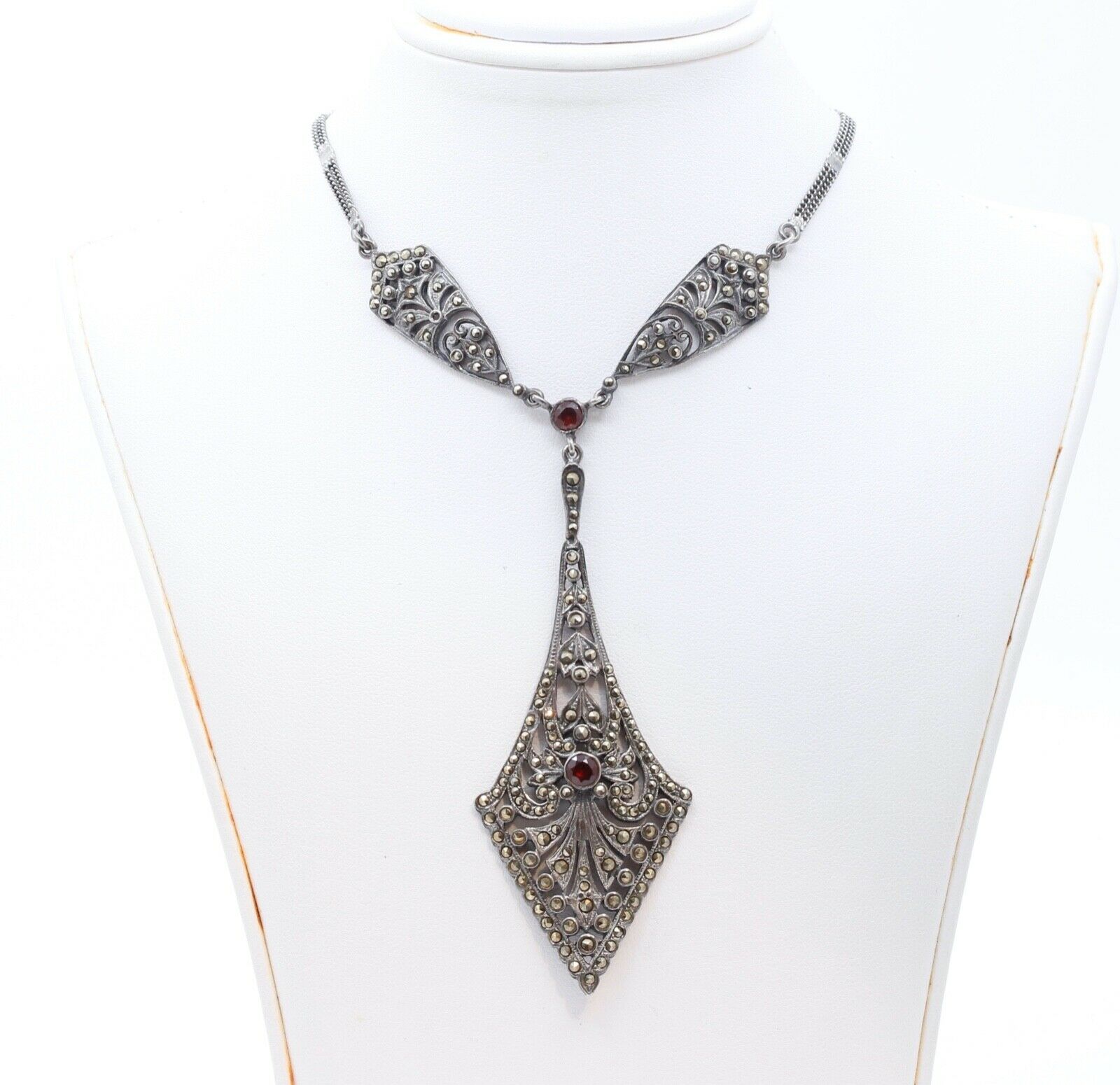 Vintage Marcasite Garnets 925 Sterling Silver Necklace Pendant
