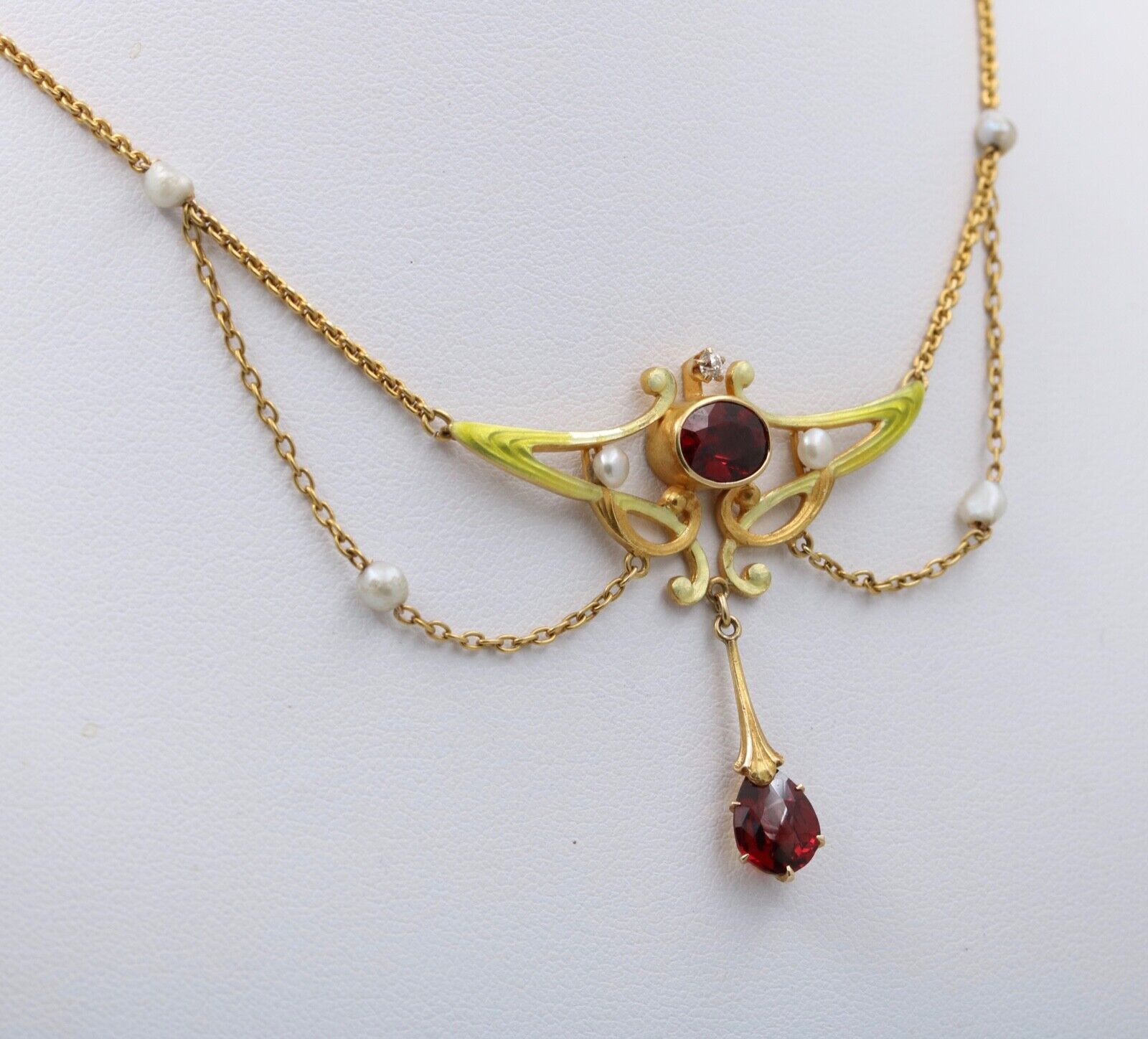 Art Nouveau 14K Yellow Gold Garnet & Pearl Enamel Festoon Necklace.