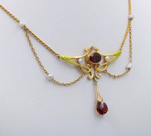 Load image into Gallery viewer, Art Nouveau Pendant Chain Garnet Natural Pearls Diamonds 14K Yellow Gold
